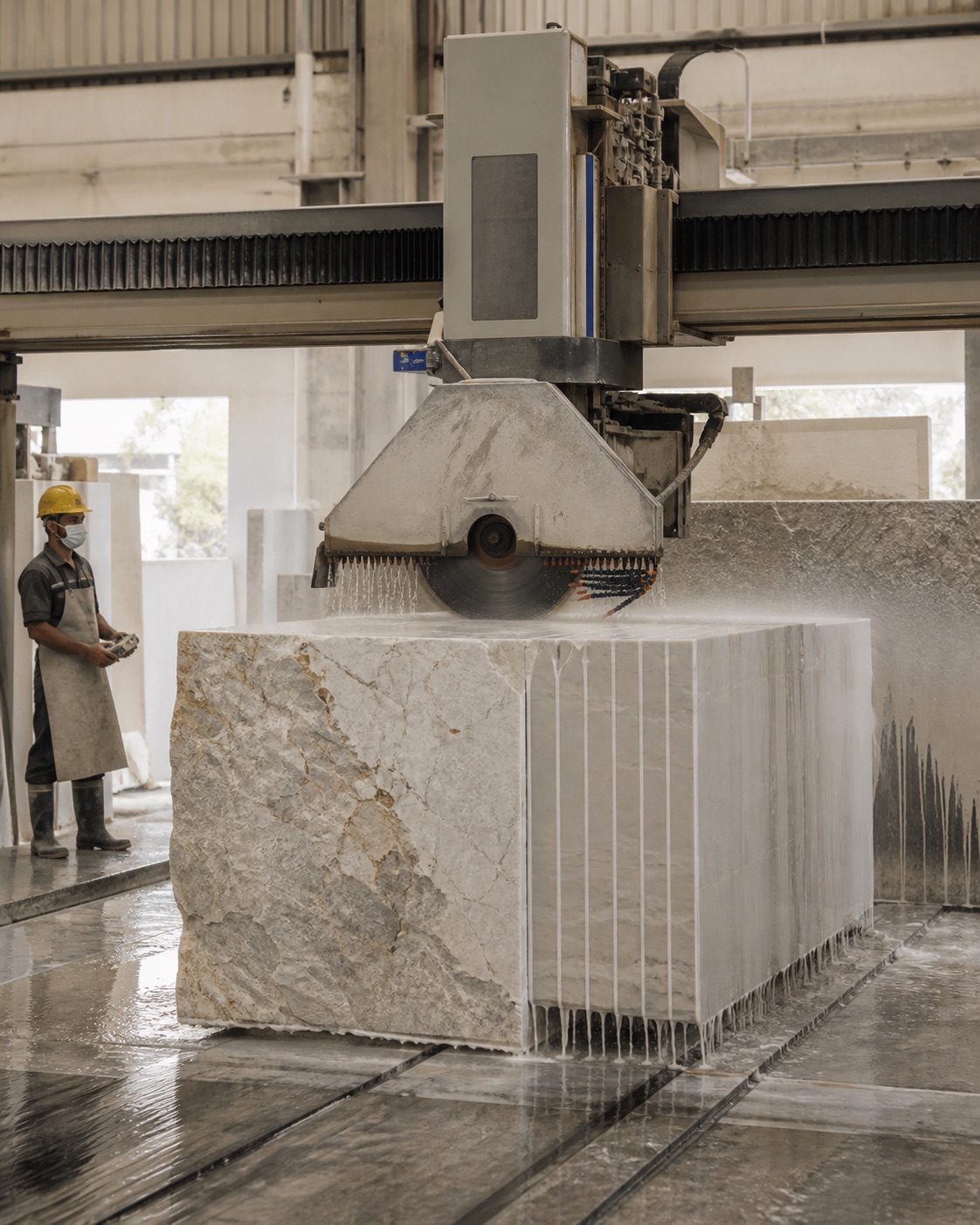 Natural stone block being cut into slabs