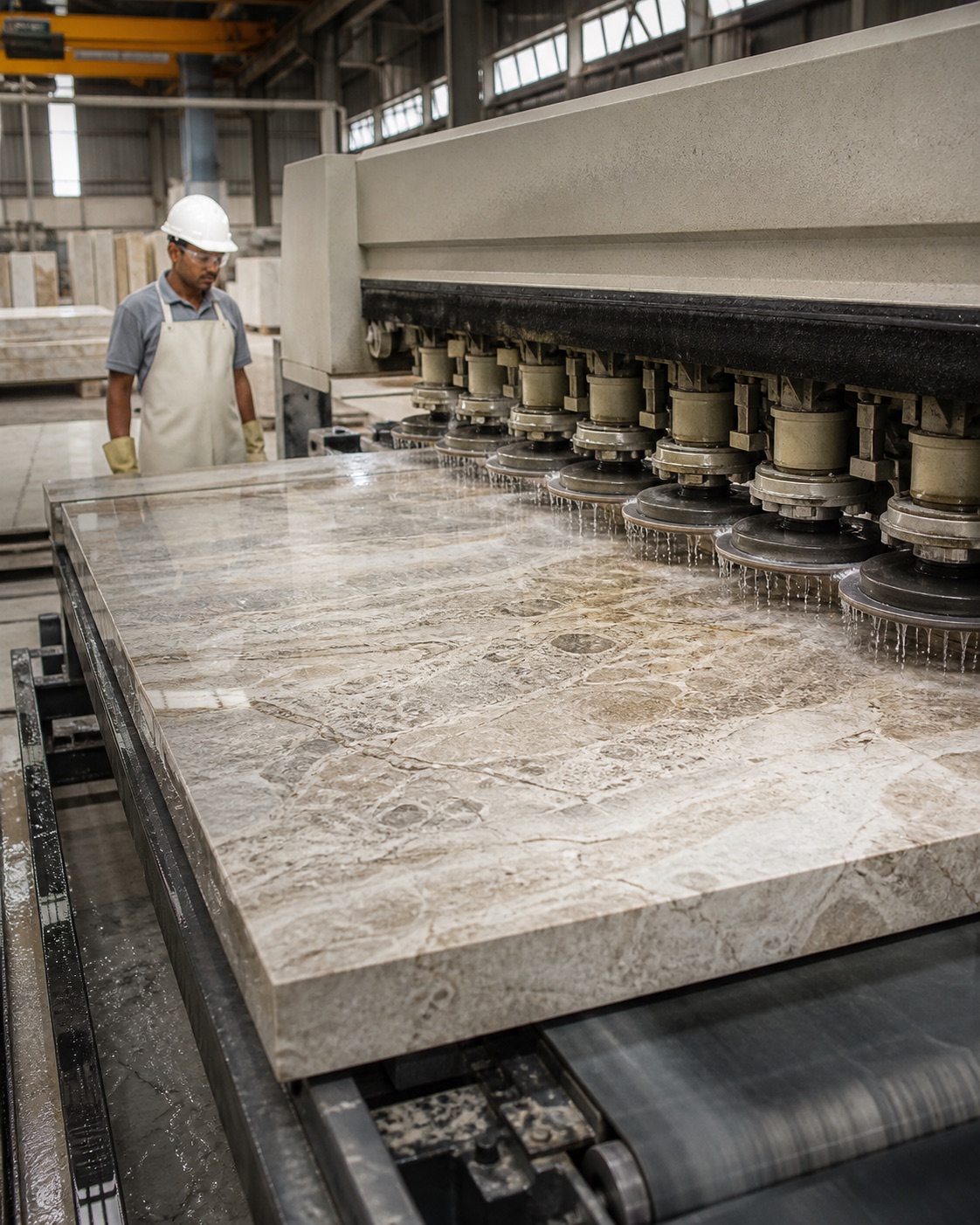 Natural stone slab on a polishing line