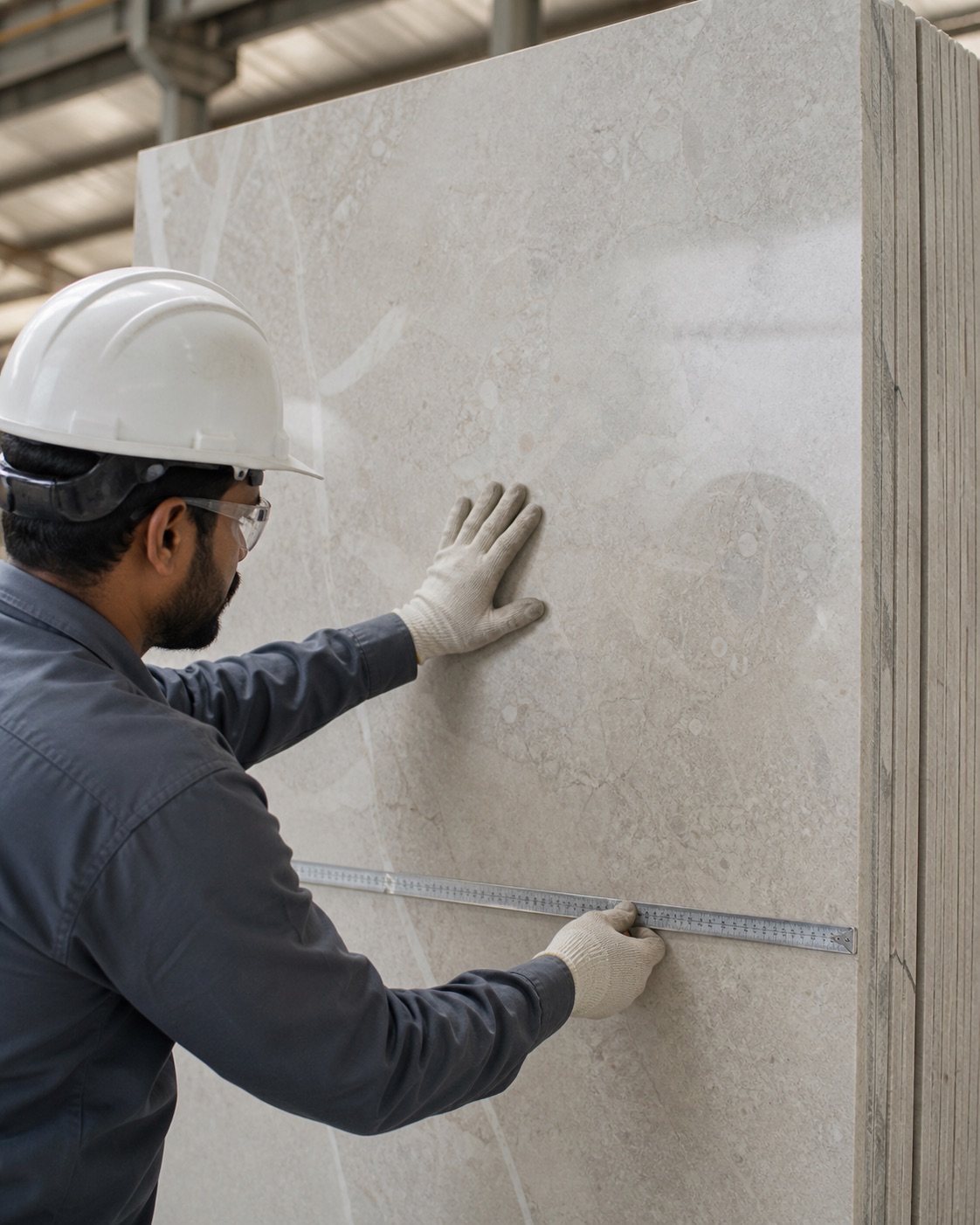 Finished stone slab being inspected