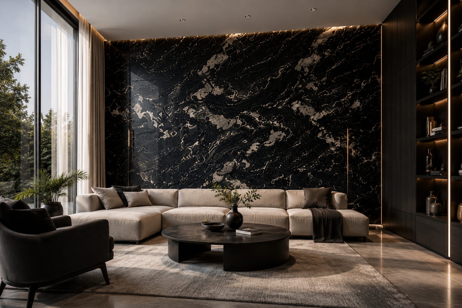 Dramatic stone feature wall in a luxury living room