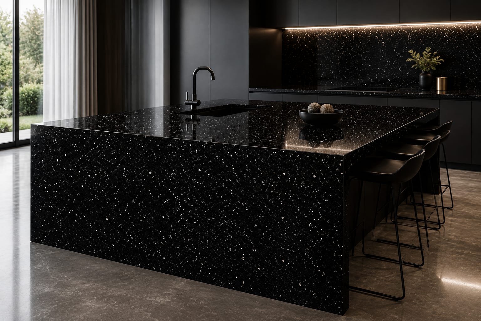 Black granite island in a contemporary kitchen