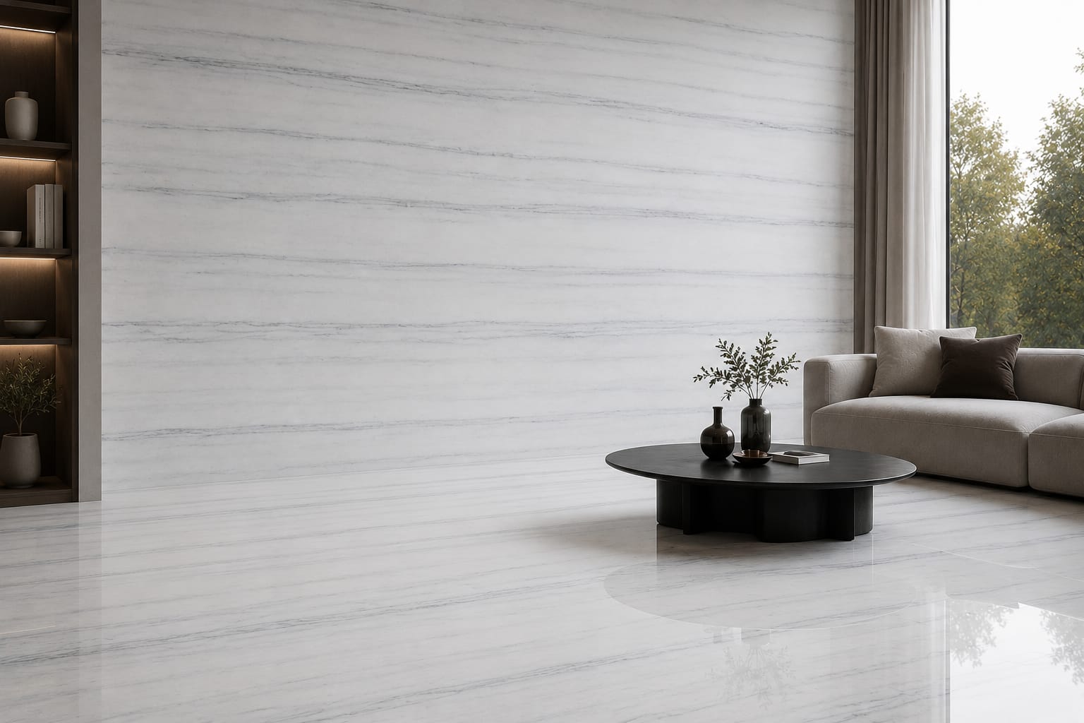 White marble wall and floor in a contemporary living room